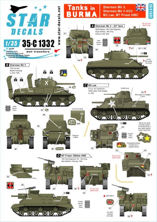 Star Decals 35-C1332 Tanks in Burma British Sherman Mk.V, Sherman Mk.V AOP, M3 Lee, M7 Priest HMC 1/35