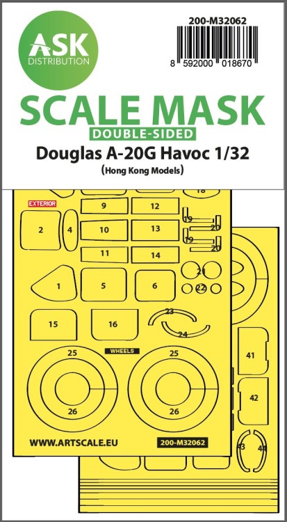 Art Scale 200-M32062 Douglas A-20G Havoc wheels and canopy frame paint mask (inside and outside) 1/32