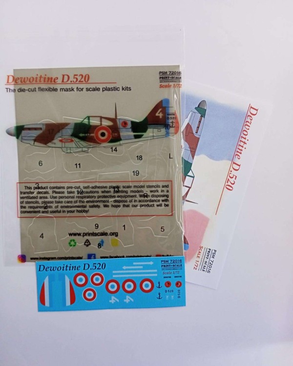 Print Scale PSM72016 Dewoitine D. 520 includes camouflage pattern paint mask and decals 1/72