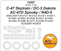 KV Models 14307 C-47 Skytrain / DC-3 Dakota / AC-47D Spooky / R4D-5 (ACADEMY #12633 / MINICRAFT #14747, #14732, #14701, #14671, #14583, #14602, #14548, #14527, #14509, #14490, #14489, #14477, #14458, #14434) + маски на диски и колеса US 1/144