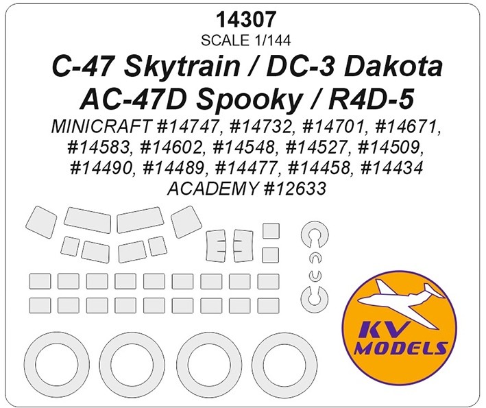 KV Models 14307 C-47 Skytrain / DC-3 Dakota / AC-47D Spooky / R4D-5 (ACADEMY #12633 / MINICRAFT #14747, #14732, #14701, #14671, #14583, #14602, #14548, #14527, #14509, #14490, #14489, #14477, #14458, #14434) + маски на диски и колеса US 1/144