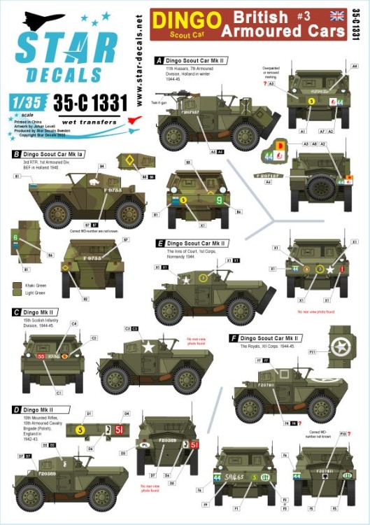 Star Decals 35-C1331 British Armoured Cars # 3.Dingo Scout Car. From BEF to VE-Day 1/35