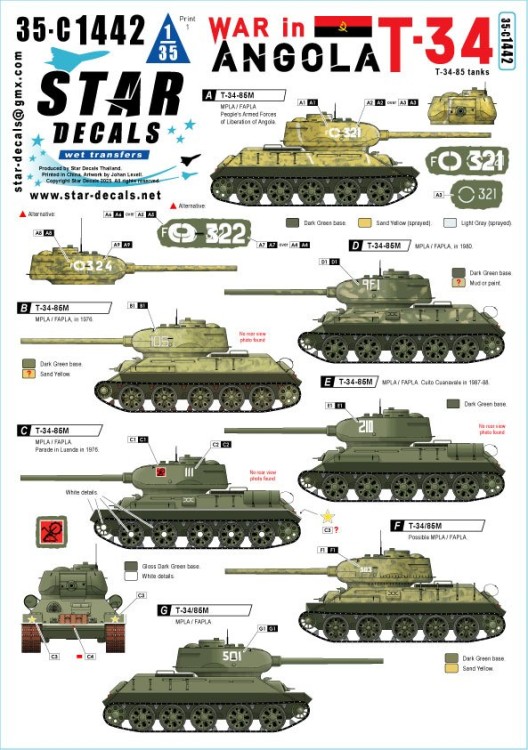 Star Decals 35-C1442 War in Angola # 1.T-34-85 tanks.MPLA/FAPLA in 1970-80s 1/35