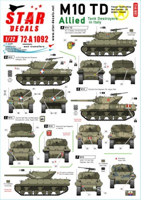 Star Decals 72-A1092 Allied Tank Destroyers in Italy.M10 TD and M10 Achilles. France, South Africa, New Zealand, US, Britain, Poland 1/72