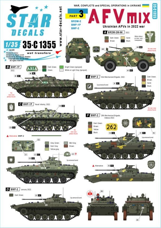 Star Decals 35-C1355 War in Ukraine # 3 Ukrainian AFVs 2022 war BRDM-2, BMP-1P and BMP-2 VIEW 1/35
