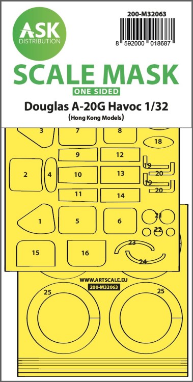 Art Scale 200-M32063 Douglas A-20G Havoc wheels and canopy frame paint masks (outside only) 1/32