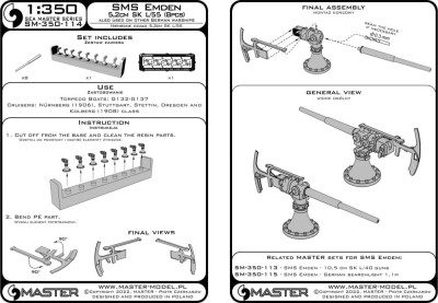 Master SM-350-114 SMS Emden - 5,2cm SK L/55 guns (8 pcs.) 1/350