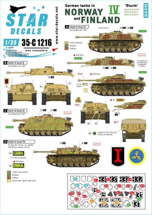 Star Decals 35-C1216 German tanks in Norway & Finland # IV Sturmgeschutz/StuG.III Ausf.F/2, Sturmgeschutz/StuG.III Ausf.G, StuH 42 Ausf.G 1/35