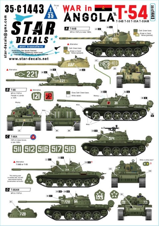Star Decals 35-C1443 War in Angola # 2.T-54 and T-55 tanks.MPLA/FAPLA in 1970-80s.T-54B, T-55, T-55A and T-55AM 1/35