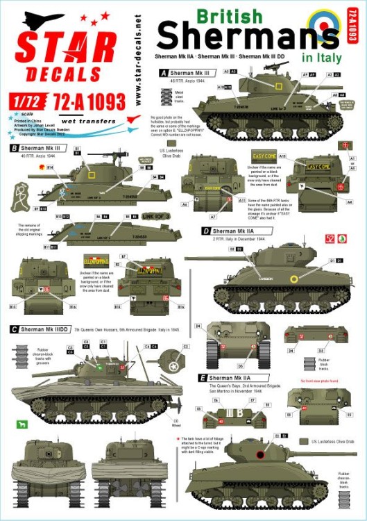 Star Decals 72-A1093 British Shermans in Italy.Sherman Mk.IIA (76mm), Sherman Mk.III, Sherman Mk.III DD 1/72