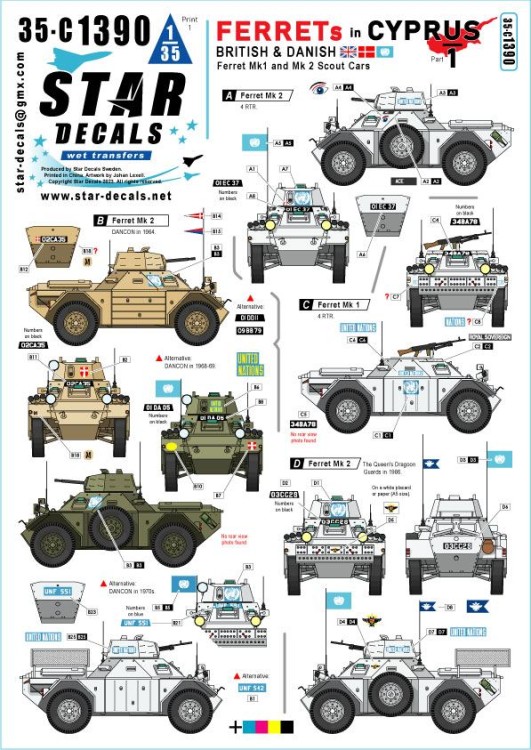 Star Decals 35-C1390 Ferrets in Cyprus # 1 British and Danish Ferret Scout Car Mk.2 Mk.1 and Mk.2 Scout cars 1/35