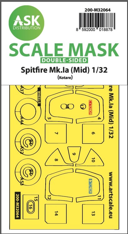 Art Scale 200-M32064 Supermarine Spitfire Mk.Ia (mid) wheels and canopy frame paint mask (inside and outside) 1/32