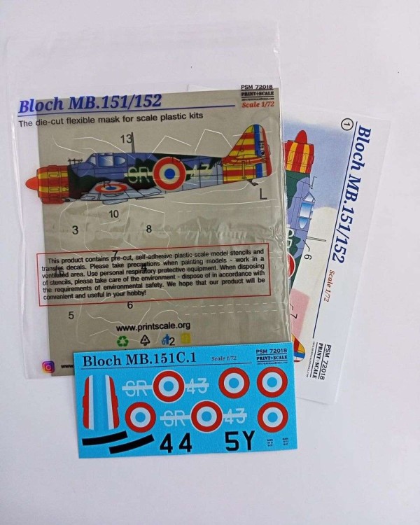 Print Scale PSM72018 Marcel-Bloch MB. 151C. 1/MB. 152C-1 includes camouflage pattern paint mask and decals 1/72