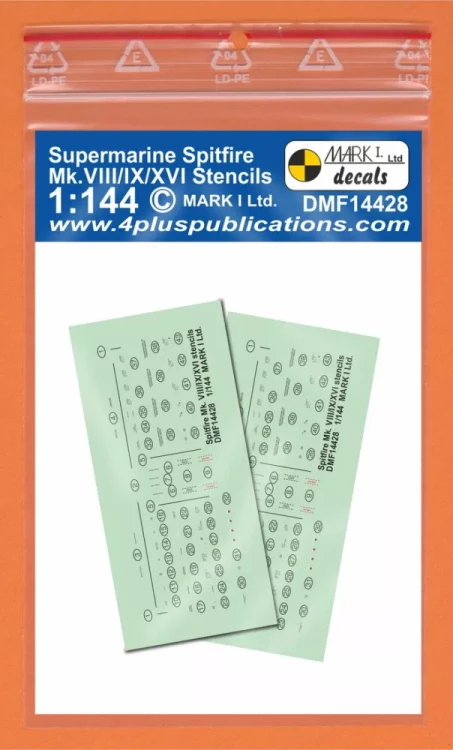 4+ Publications DMF14428 Decals S.Spitfire Mk.VIII/IX/XVI Stencils 1/144