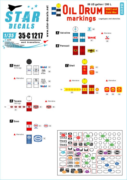 Star Decals 35-C1217 Oil Drum markings Commercial 55 gallon / 200 litres oil drums. WW2 and Cold War era. Logotypes and small stencils 1/35