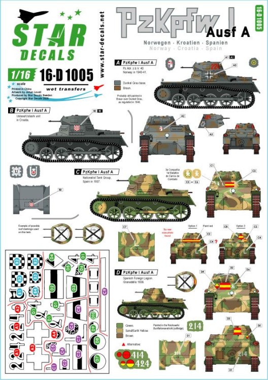 Star Decals 16-D1005 Pz.Kpfw.I Ausf.A Pz.Abt z.b.V. 40 in Norway, Croatia / Ustashi tank unit, and Nationalist Tank Group and Spanish Foreign Legion in the Spanish Civil War 1/16