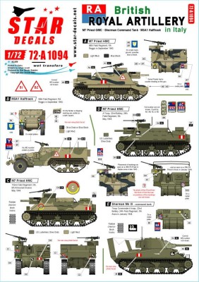 Star Decals 72-A1094 British Royal Artillery in Italy.M7 Priest HMC, Sherman Command Tank, M3A1 Halftrack 1/72