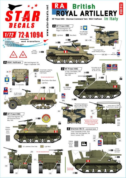 Star Decals 72-A1094 British Royal Artillery in Italy.M7 Priest HMC, Sherman Command Tank, M3A1 Halftrack 1/72