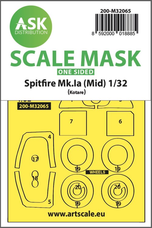 Art Scale 200-M32065 Supermarine Spitfire Mk.Ia (mid) wheels and canopy frame paint masks (outside only) 1/32
