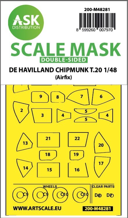 Art Scale 200-M48281 de Havilland Chipmunk T.20 wheels and canopy frame paint mask (inside and outside) 1/48
