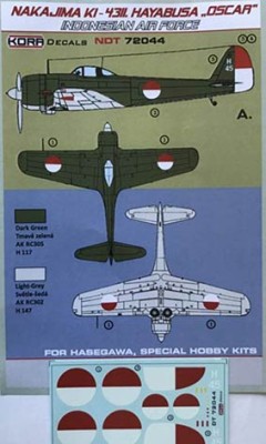 Kora Model NDT72044 Nakajima Ki-43-II Oscar Indonesian AF декали декали 1/72