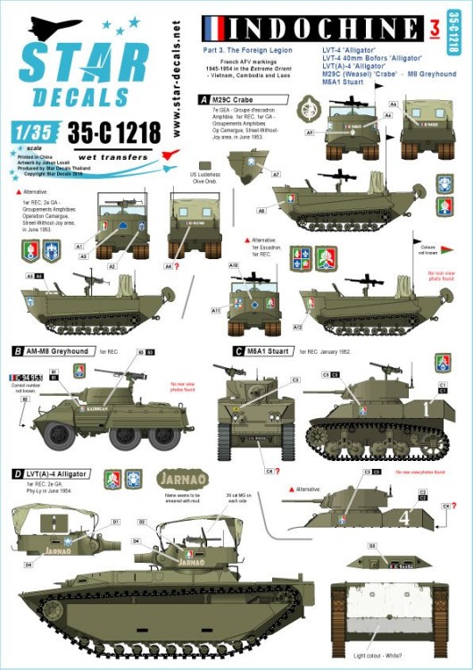 Star Decals 35-C1218 Indochine # 3. The Foreign Legion - Regiment Etranger Cavalerie.M29C Weasel, M3A1 White Scout Car, M8 Greyhound, M5A1 Stuart, LVT-4 and LVT(A)-4 Alligator 1/35