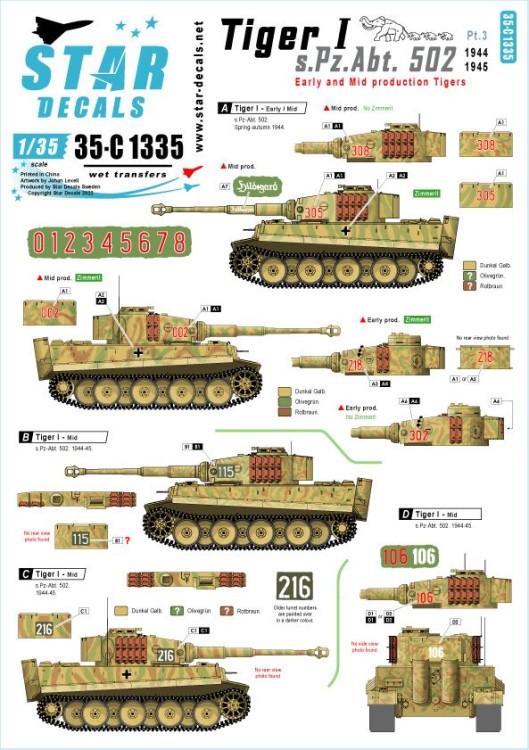 Star Decals 35-C1335 Pz.Kpfw.VI Tiger I sPzAbt 502 # 3.Early / Mid production Tigers 1944-45 1/35