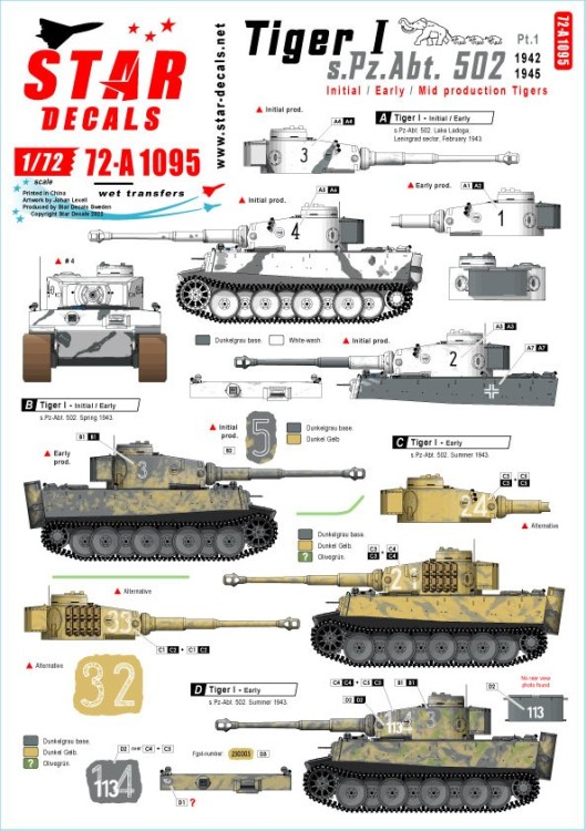 Star Decals 72-A1095 Pz.Kpfw.VI Tiger I sPzAbt 502 # 1.Initial / Early / Mid production Tigers 1/72