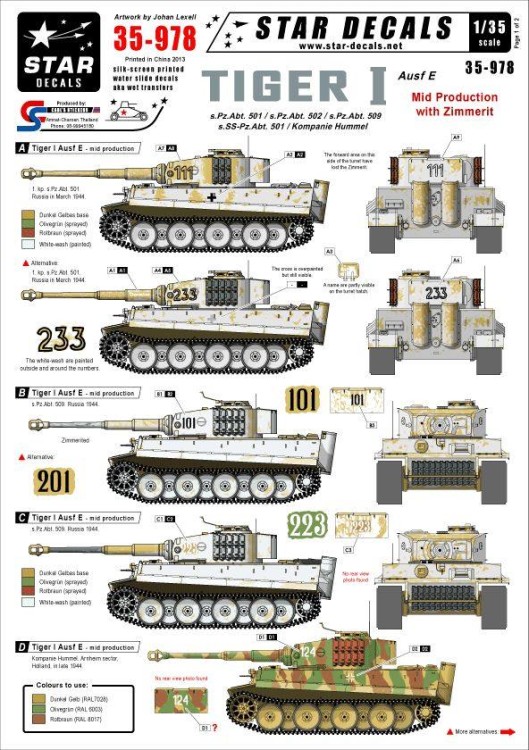 Star Decals STAR35978 Pz.Kpfw.VI TigerI Mid production (with zimmerit) 1/35
