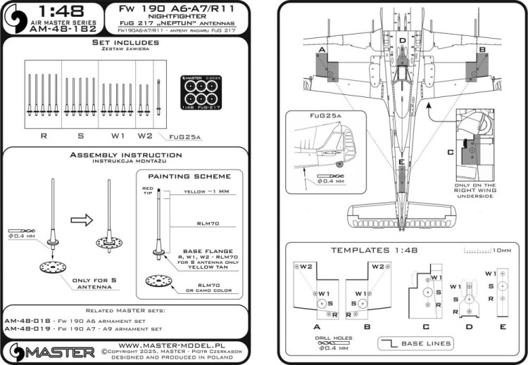 Master (Pl) 48182 Fw190 A6-A7/R11 Nightfighter FuG217 antennas 1/48