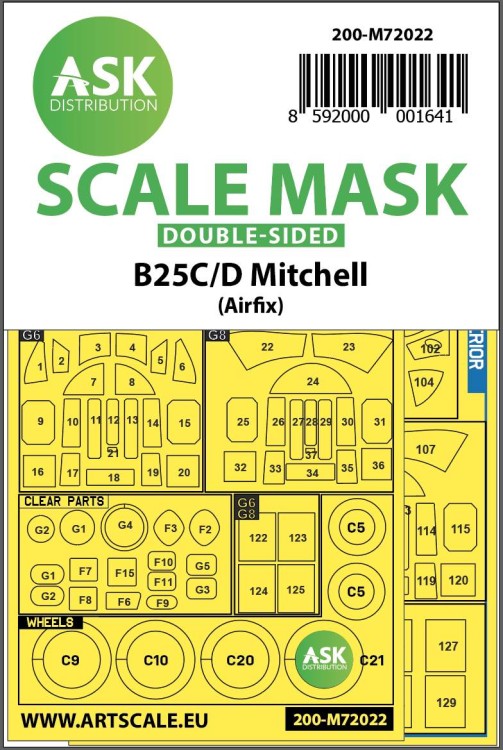 Art Scale 200-M72022 North-American B-25C/D Mitchell Kabuki wheels and canopy frame paint masks (inside & outside) 1/72