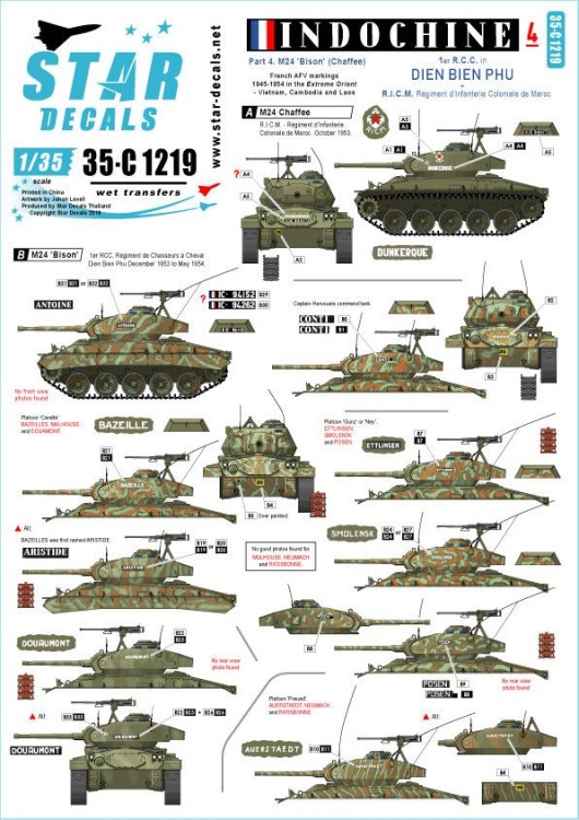 Star Decals 35-C1219 Indochine # 4. M24 Chaffee / Bison1er R.C.C. in Dien Bien Phu, and R.I.C.M. RГ©giment d'Infanterie Coloniale de Maroc 1/35