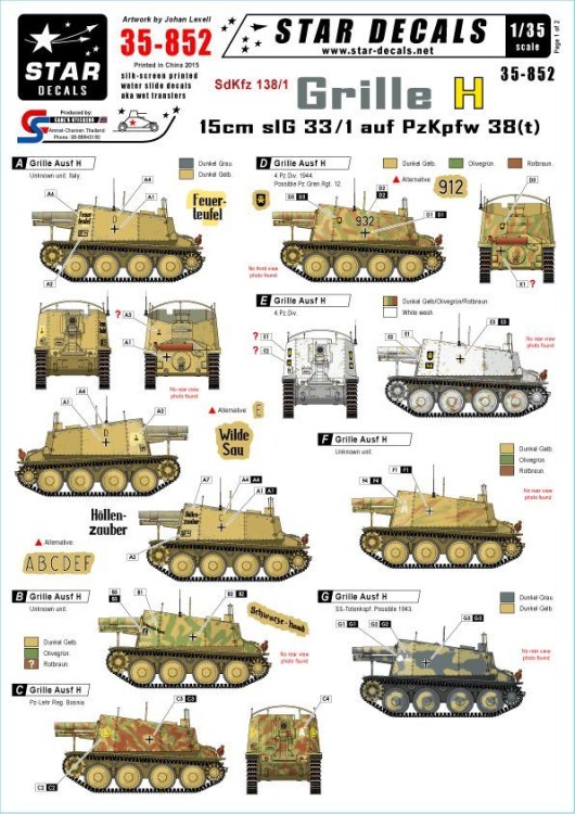 Star Decals STAR35852 Grille Ausf.H Sd.Kfz.138/1. 15cm sIG 33/1 auf Pz.Kpfw 38(t). Ostfront, Italy and Balkans 1/35