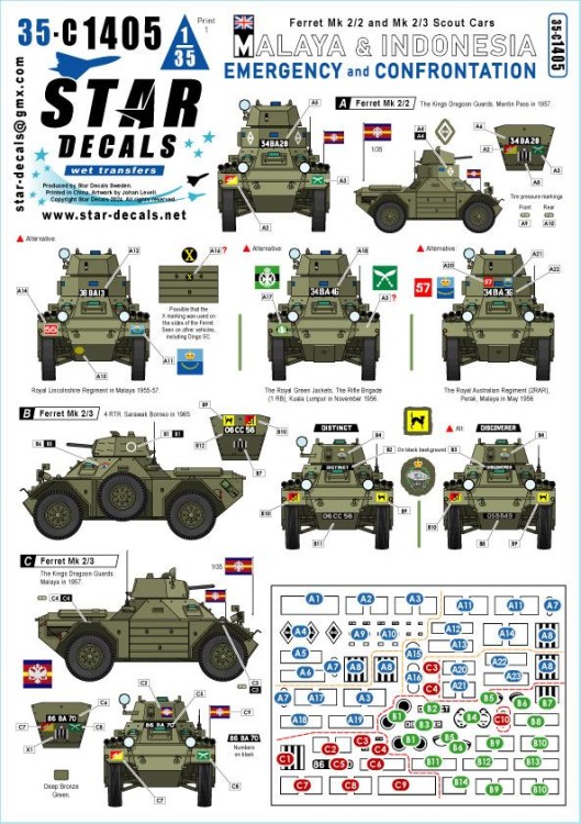 Star Decals 35-C1405 Ferret Scout Car Mk.2 Mk.2/2 and Mk.2/3 Scout Cars Malaya and Indonesia - Emergency and Confrontation in 1950-60s 1/35