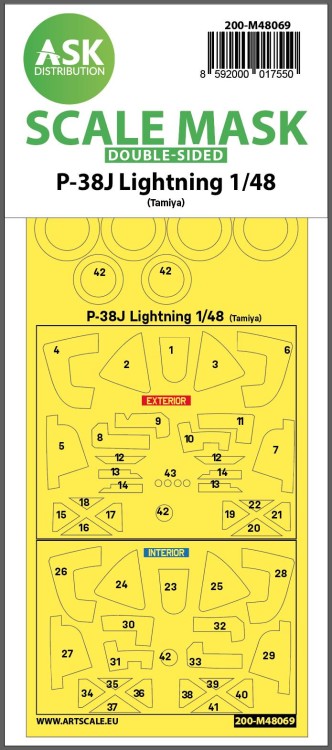 Art Scale 200-M48069 Lockheed P-38J Lightning wheels and canopy frame paint masks (inside and outside) 1/48