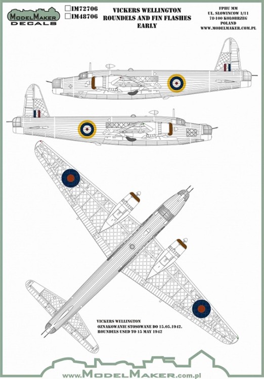 Model Maker Decals IM48706 Vickers Wellington Roundels And Fin Flashes Early 1/48