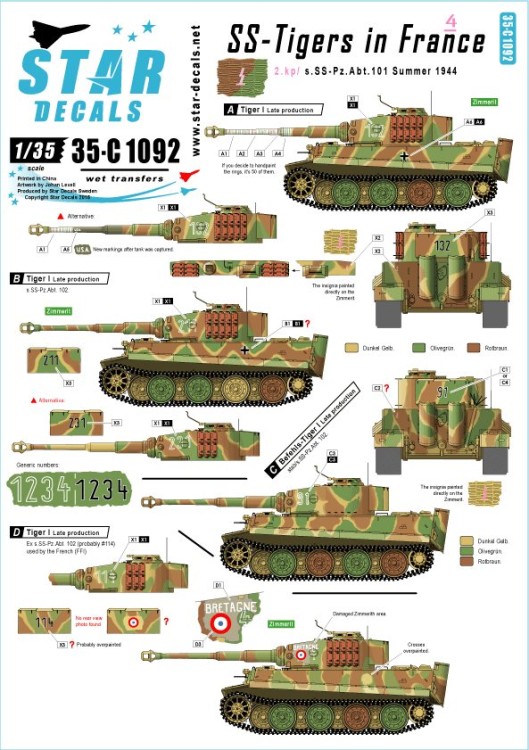 Star Decals 35-C1092 SS-Pz.Kpfw.VI Tigers in France # 4. s.SS.Pz-Abt 102, Normandie Summer 1944, plus French Pz.Kpfw.VI Tiger 1/35