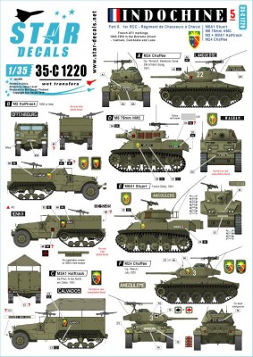 Star Decals 35-C1220 Indochine # 5. 1er Regiment de ChasseursM5A1 Stuart, M3A1 White Scout Car, M8 75mm HMC, M24 Chaffee , M2 and M3A1 Halftracks 1/35