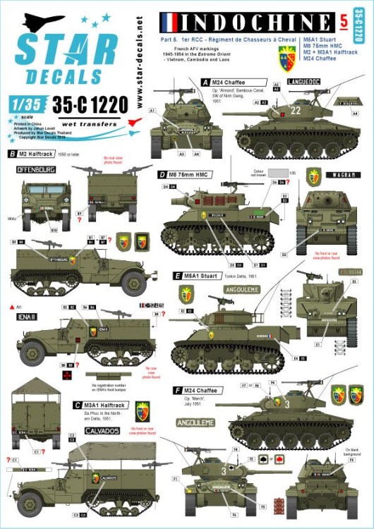 Star Decals 35-C1220 Indochine # 5. 1er Regiment de ChasseursM5A1 Stuart, M3A1 White Scout Car, M8 75mm HMC, M24 Chaffee , M2 and M3A1 Halftracks 1/35