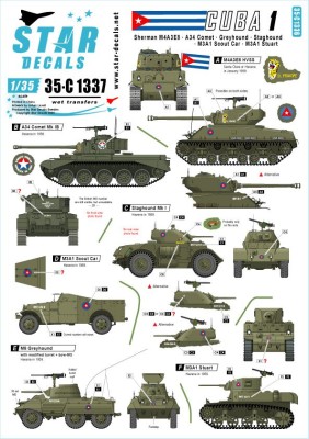 Star Decals 35-C1337 Tanks &amp; AFVs in Cuba # 1.M4A3E8 Sherman, A34 Comet, Staghound, Greyhound, M3A1 Scout Car, M3A1 Stuart 1/35