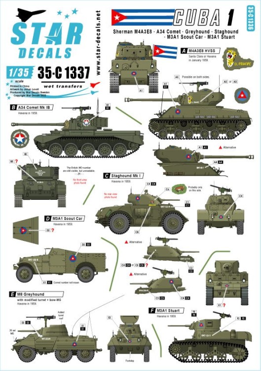 Star Decals 35-C1337 Tanks & AFVs in Cuba # 1.M4A3E8 Sherman, A34 Comet, Staghound, Greyhound, M3A1 Scout Car, M3A1 Stuart 1/35