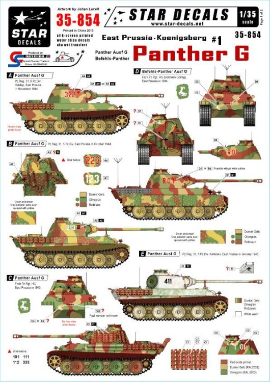 Star Decals STAR35854 East Prussia/Koenigsberg #1. Panther Ausf.G Panther Ausf.G, Befehls-Panther Ausf.G (R01 with upgraded layout on the numbers) 1/35