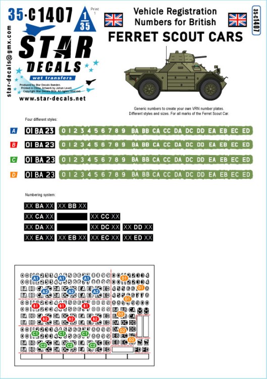 Star Decals 35-C1407 Ferret Scout Car Mk.2 Scout Car Mk.2 Scout Car Mk.2 Vehicle Registration Numbers for British Ferrets 1/35
