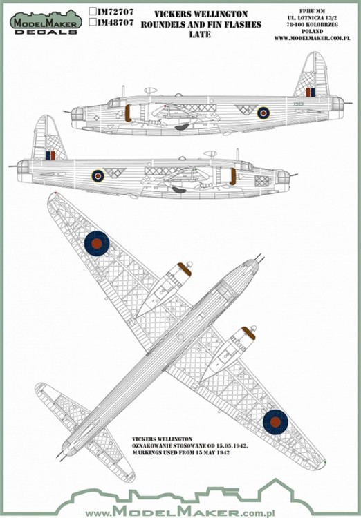 Model Maker Decals IM48707 Vickers Wellington Roundels And Fin Flashes Late 1/48