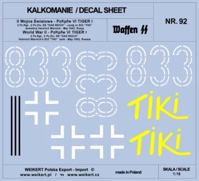 Weikert Decals 292 PzKpfw. VI TIGER I - 833 tank TIKI H.Warnick 1/16