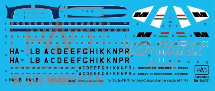 HAD DW144001 Decal Tu-134/134A/134A-3 MALEV (dry-water) 1/144