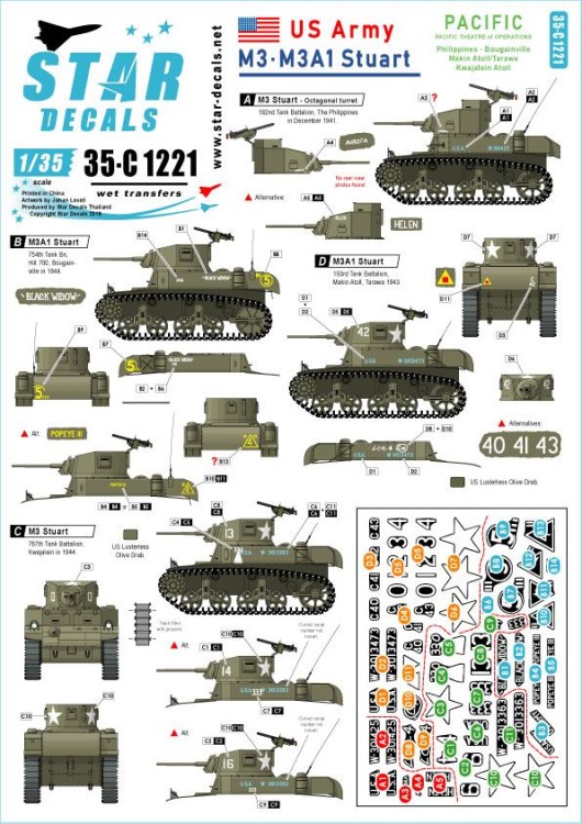 Star Decals 35-C1221 M3 and M3A1 Stuart. US Army.US Army Stuarts in the Pacific.Philippines, Bougainville, Kwajalein Atoll and Makin Atoll / Tarawa 1/35