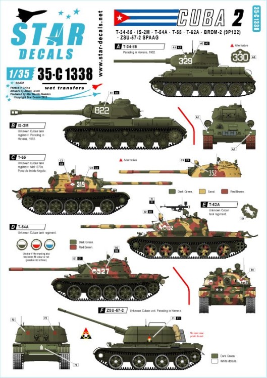Star Decals 35-C1338 Tanks & AFVs in Cuba # 2.T-34-85, IS-2M, T-54A, T-55, T-62A, ZSU-57-2, BRDM-2 (9P122) 1/35