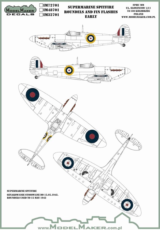 Model Maker Decals IM72701 Supermarine Spitfire Mk.I/Mk.Ia roundels and fin flashes-EARLY 1/72