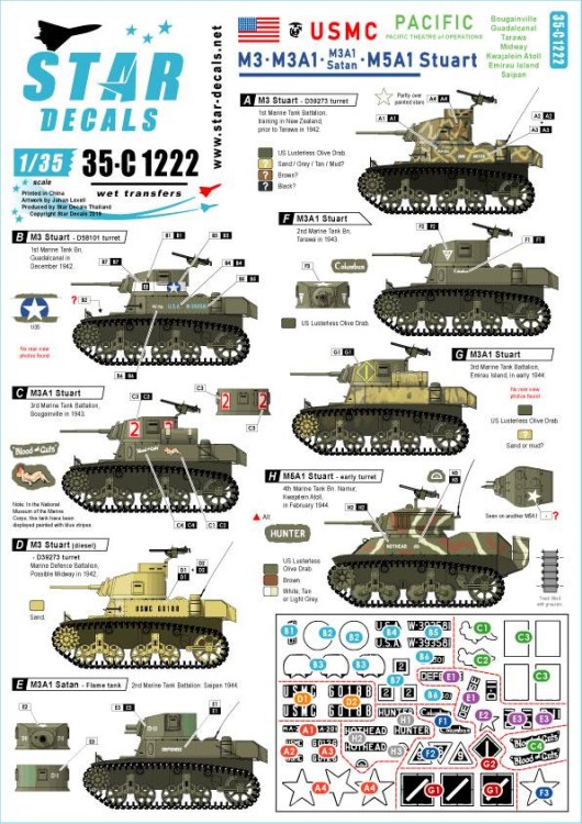 Star Decals 35-C1222 M3, M3A1, M3A1 Satan and M5A1 Stuart. US Marine Corps.USMC Stuarts in the Pacific.Guadalcanal, Bougainville, Kwajalein Atoll, Tarawa, Midway, Saipan, Emirau Island 1/35